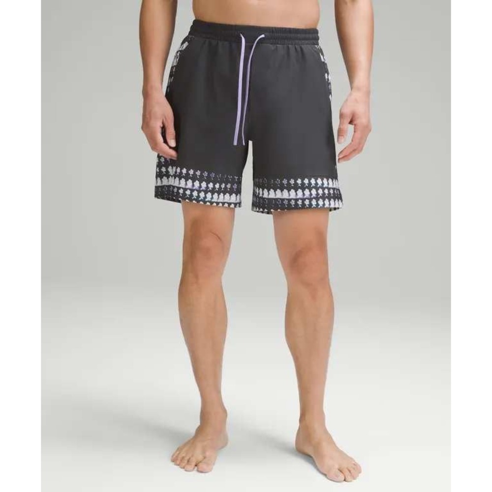 Lululemon Pool Short Lined 7" Dark Gray Purple Floral Size Medium Swim Trunk